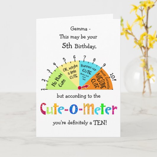 子供のかわいOメートルのおもしろいな第5誕生日の挨拶状 カード (黄色い花)