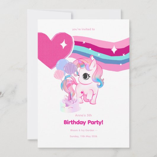 子供のためのかわいいユニコーンの誕生日招待状 招待状 (正面)