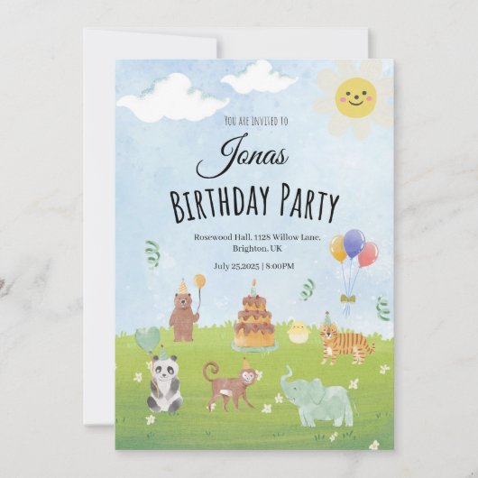 子供のためのかわいい動物の誕生日パーティーの招待状 招待状 (正面)
