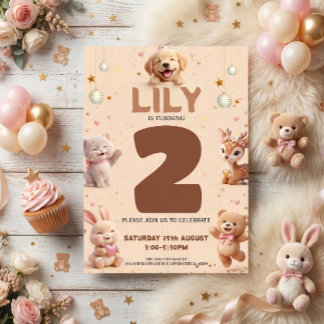 子供のためのかわいい動物の誕生日パーティー 招待状
