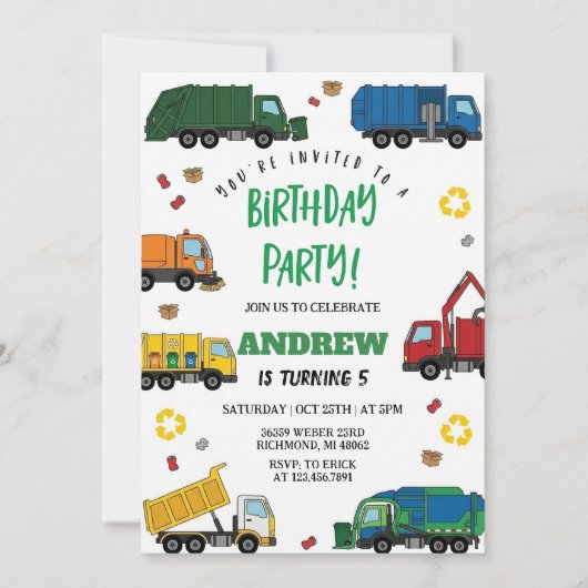 子供のためのごみ収集車の誕生日 招待状 (正面)