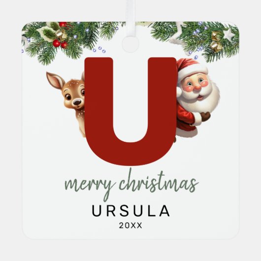 子供のためのアルファベットUのモノグラムクリスマスツリー メタルオーナメント (正面)