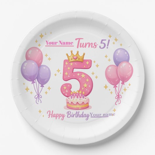 子供のためのカスタムバースデープレート - 5歳の誕生日 ペーパープレート (正面)