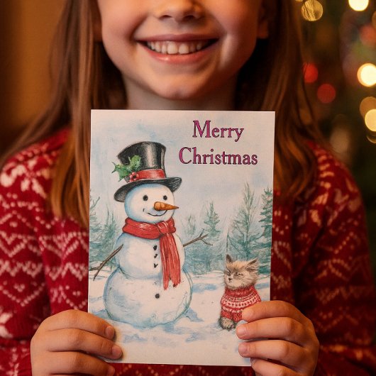 子供のためのクリスマスの雪だるまと猫 シーズンカード