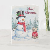 子供のためのクリスマスの雪だるまと猫 シーズンカード (正面)