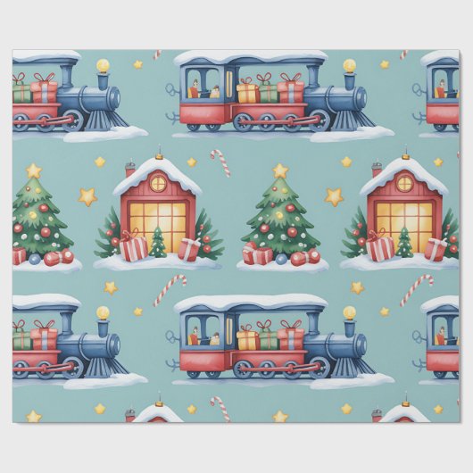 子供のためのクリスマストイランドと電車の包装紙 ラッピングペーパー (フラット)