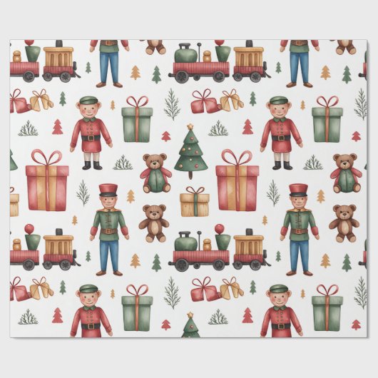 子供のためのクリスマストイランドと電車の包装紙 ラッピングペーパー (フラット)