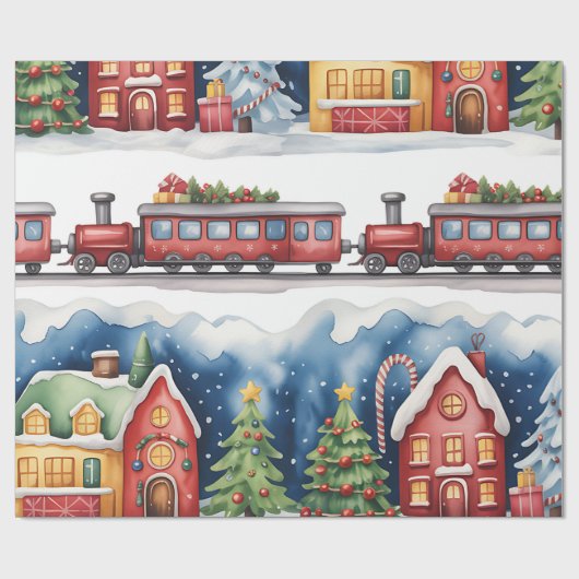 子供のためのクリスマストイランドと電車の包装紙 ラッピングペーパー (フラット)
