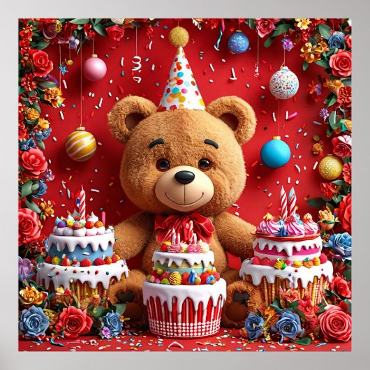 子供のためのケーキと風船を持った誕生日のクマ ポスター (正面)