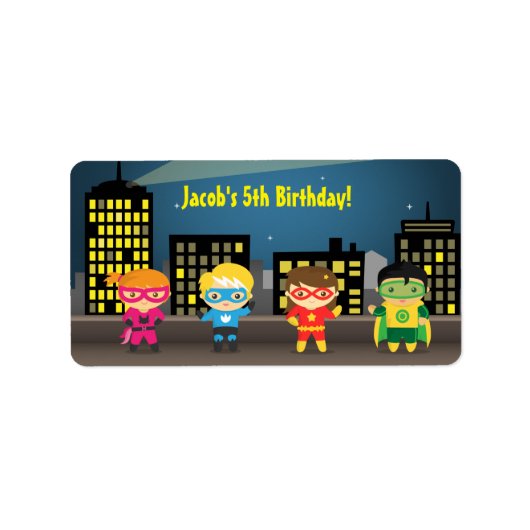子供のためのスカイライン・スーパーヒーロー誕生日パーティー ラベル (正面)