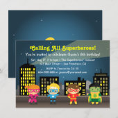 子供のためのスカイライン・スーパーヒーロー誕生日パーティー 招待状 (正面/裏面)