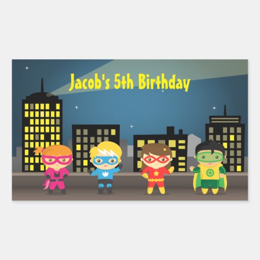 子供のためのスカイライン・スーパーヒーロー誕生日パーティー 長方形シール (正面)