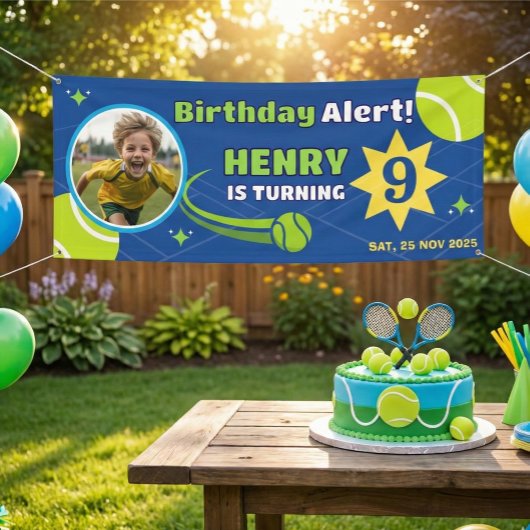 子供のためのスポーティブルーのテニスの誕生日バナー 横断幕