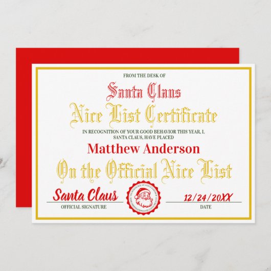 子供のためのナイスリスト認定書 | クリスマスプレゼント シーズンカード (正面/裏面)