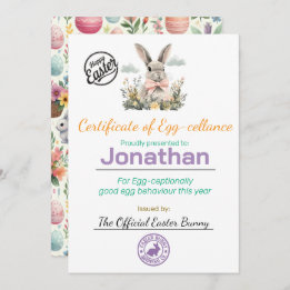 子供のためのパーソナライズされたイースター・エッグセレンス証明書 招待状