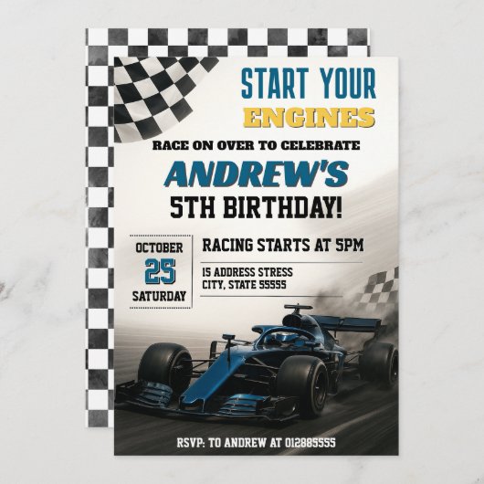 子供のためのパーソナルレースカー誕生日パーティー 招待状 (正面/裏面)