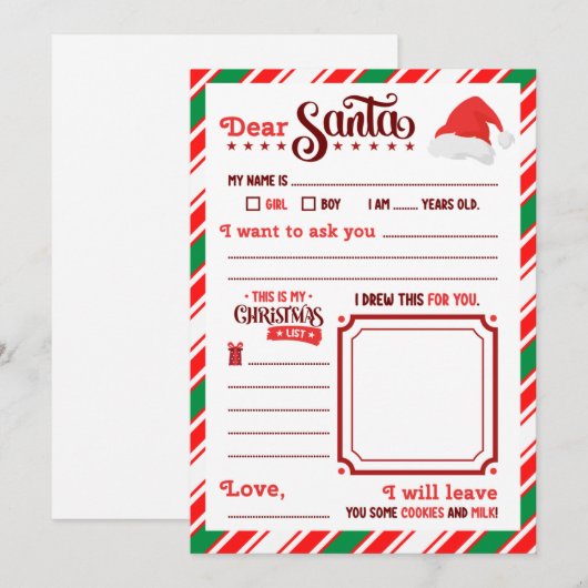 子供のためのミニマリストサンタへのクリスマスお願いの手紙 招待状 (正面/裏面)