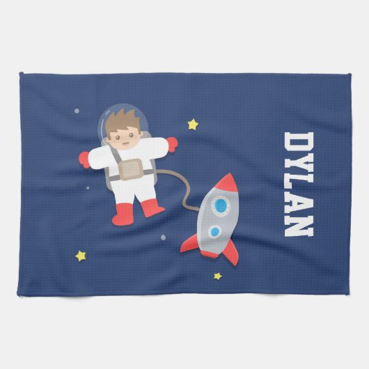 子供のためのロケット宇宙船と小さな宇宙飛行士 キッチンタオル (横)
