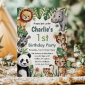 子供のための動物のジャングル 1歳の誕生日パーティー 招待状