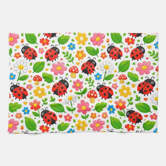 子供のための可愛いテントウムシと花 キッチンタオル (横)