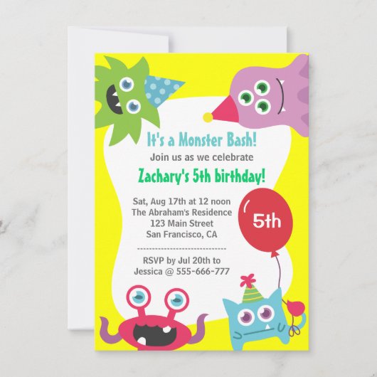 子供のための可愛い小さなモンスターの誕生日パーティーバッシュ 招待状 (正面)