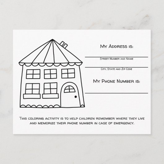 子供のための家の記憶緊急情報アクティビティカード ポストカード (正面)