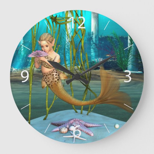 子供のための幻想的な人魚の世界 ラージ壁時計 (正面)