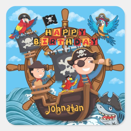 子供のための海賊の誕生日パーティー スクエアシール (正面)