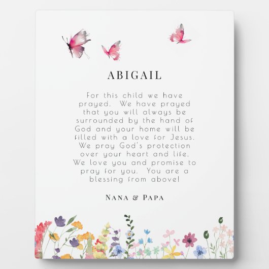 子供のための白い蝶とワイルドフラワー祈りの言葉 フォトプラーク (正面)