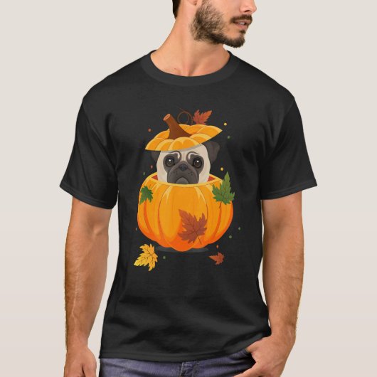 子供のための秋と感謝祭 パグ犬のかぼちゃと葉 Tシャツ (正面)