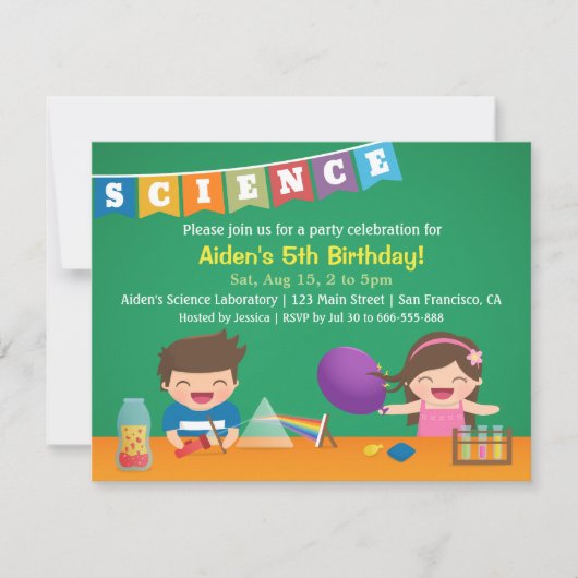 子供のための科学実験 誕生日パーティーの招待状 招待状 (正面)