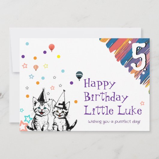 子供のための遊び心のある猫の誕生日カード 招待状 (正面)