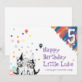 子供のための遊び心のある猫の誕生日カード 招待状 (正面/裏面)