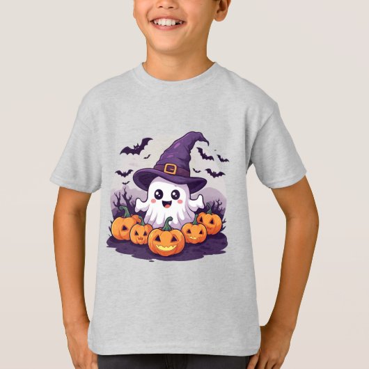 子供のための飛ぶコウモリと魔女の帽子の幽霊 🎃 Tシャツ (正面)