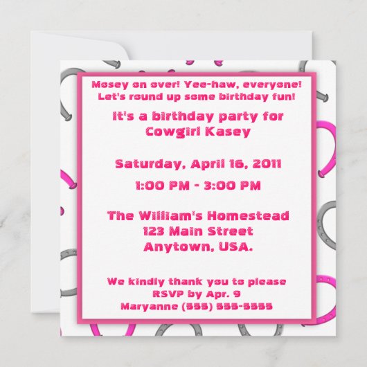 子供のアフリカ系アメリカ人の女性のカーボーイの誕生日 招待状 (裏面)