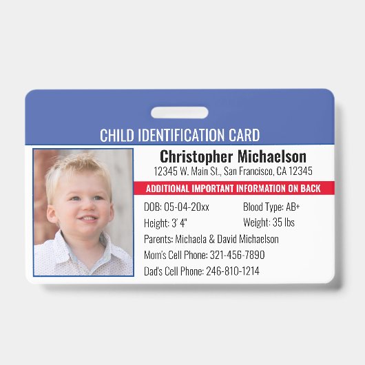 子供のアレルギー写真識別緊急ID バッジ (正面)