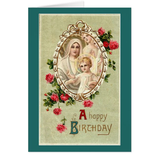 子供のイエス・キリストの天使のバラを持つヴィンテージ聖母マリア (正面)