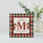 子供のイニシャル入りのクリスマスエルフ写真クリスマス シーズンカード (スタンド正面)