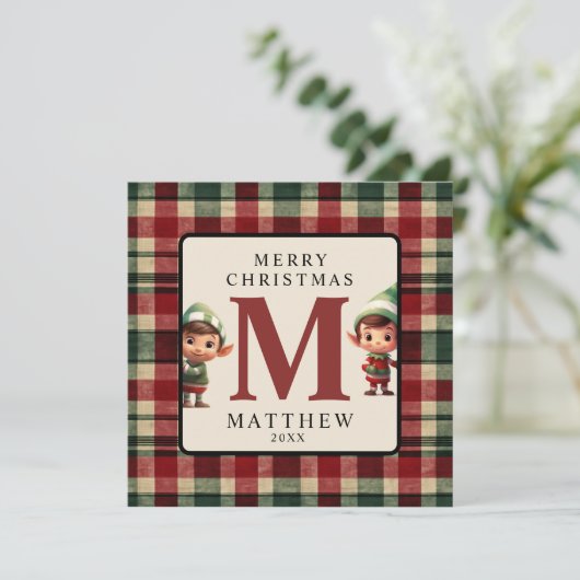 子供のイニシャル入りのクリスマスエルフ写真クリスマス シーズンカード (スタンド正面)