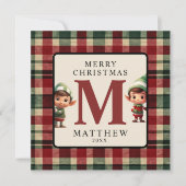 子供のイニシャル入りのクリスマスエルフ写真クリスマス シーズンカード (正面)