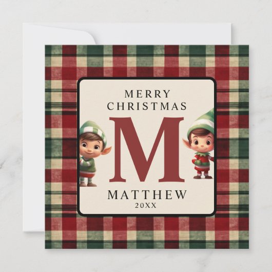 子供のイニシャル入りのクリスマスエルフ写真クリスマス シーズンカード (正面)