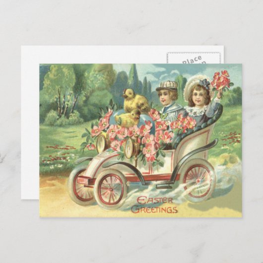 子供のイースターシックヴィンテージカーフローラ シーズンポストカード (正面/裏面)