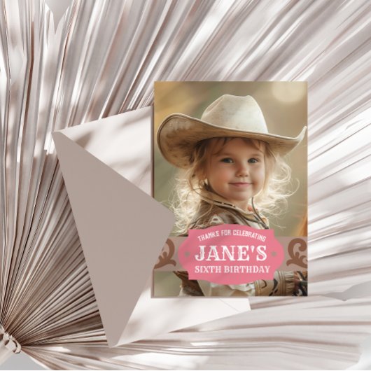 子供のウェスタン誕生日ピンク/ブラウン写真 サンキューカード
