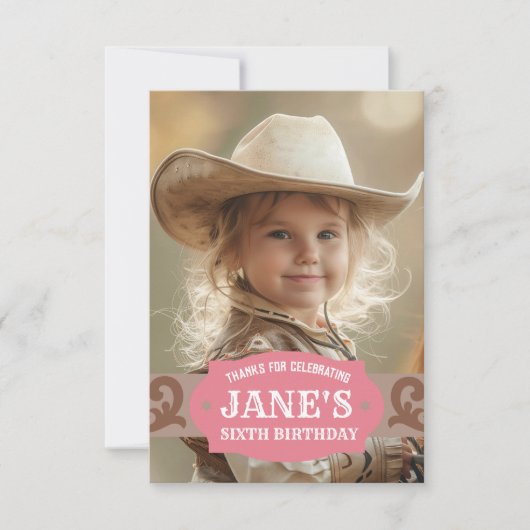 子供のウェスタン誕生日ピンク/ブラウン写真 サンキューカード (正面)