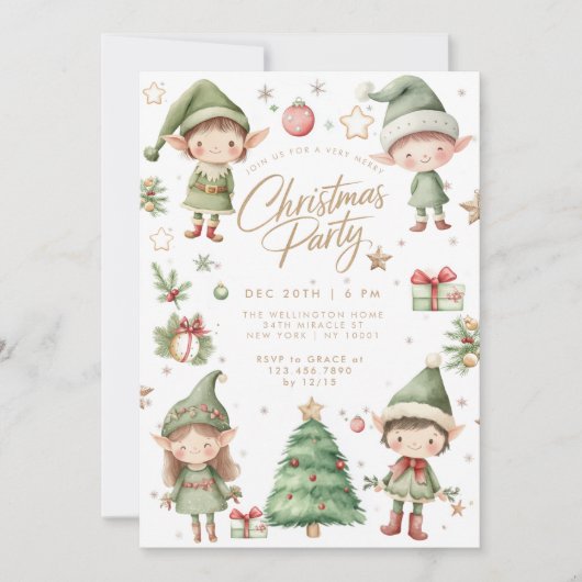 子供のエルフのクリスマスパーティー 招待状 (正面)