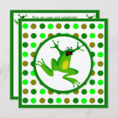 子供のカエルおよび緑の水玉模様の誕生日 招待状 (正面/裏面)