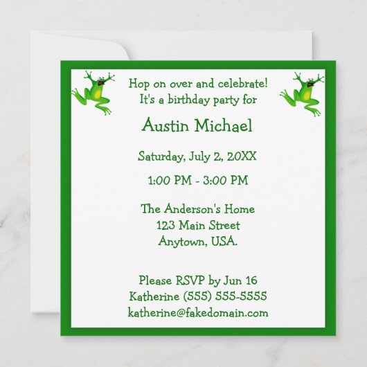 子供のカエルおよび緑の水玉模様の誕生日 招待状 (裏面)