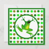 子供のカエルおよび緑の水玉模様の誕生日 招待状 (正面)