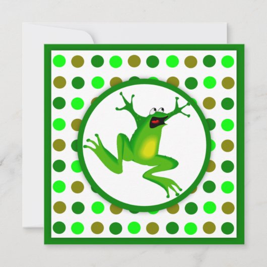 子供のカエルおよび緑の水玉模様の誕生日 招待状 (正面)