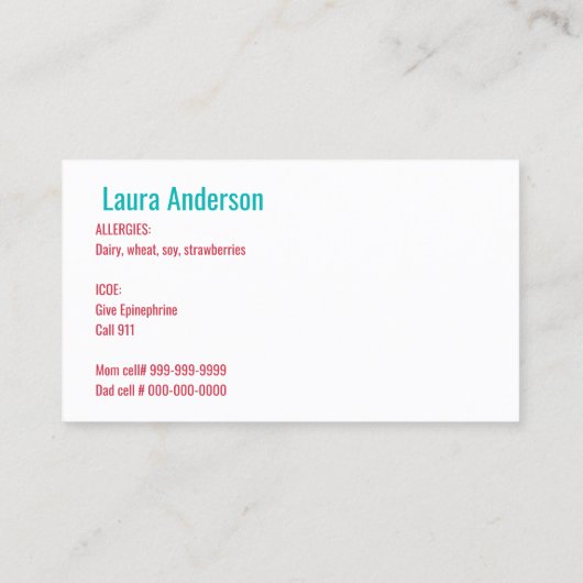 子供のカスタムな写真の食物アレルギー医学の注意深いカード コーリングカード (裏面)